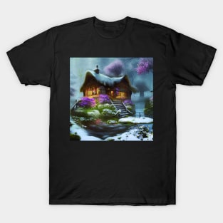 Sparkling Fantasy Cottage with Lights and Glitter Background in Snowy Scene, Scenery Nature T-Shirt